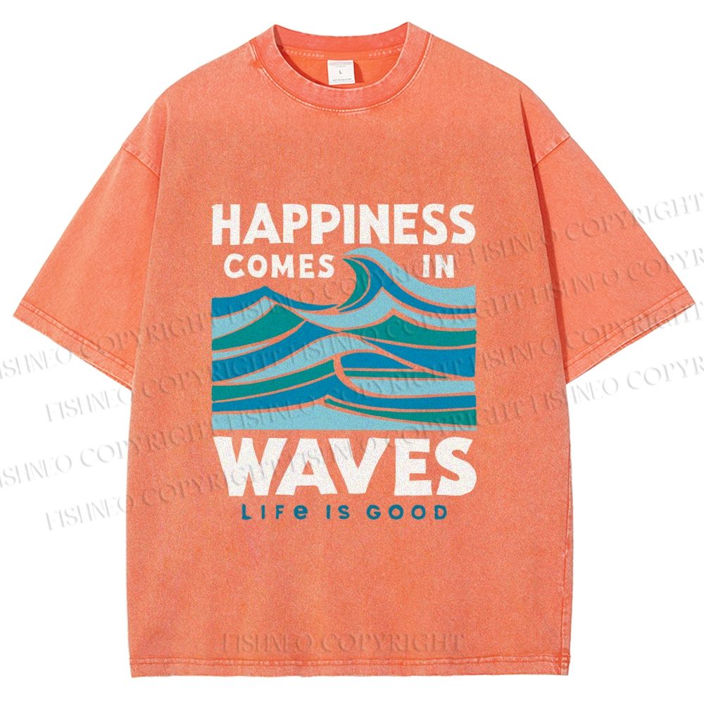 Unisex Happiness Comes In Waves Printed Washed Tee