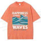 Unisex Happiness Comes In Waves Printed Washed Tee