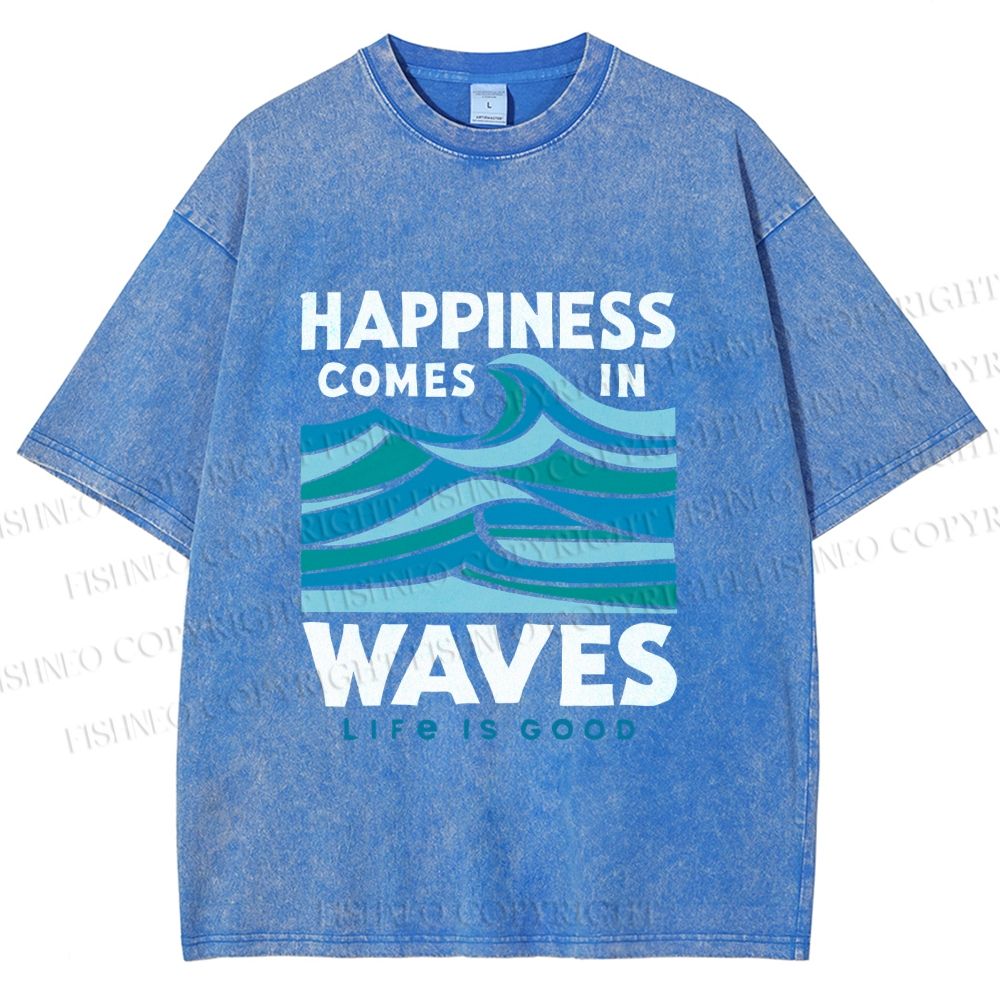 Unisex Happiness Comes In Waves Printed Washed Tee