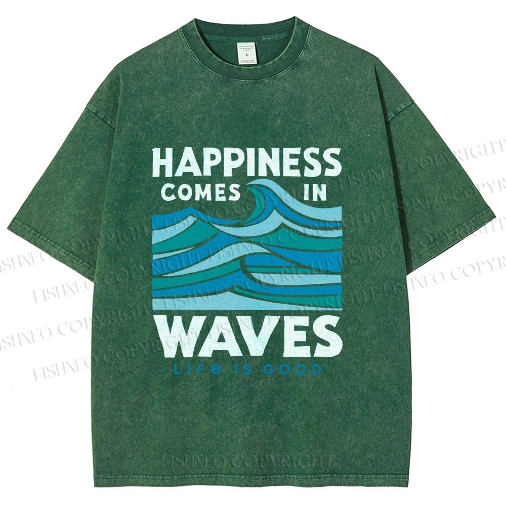 Unisex Happiness Comes In Waves Printed Washed Tee