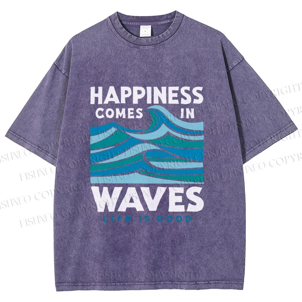 Unisex Happiness Comes In Waves Printed Washed Tee