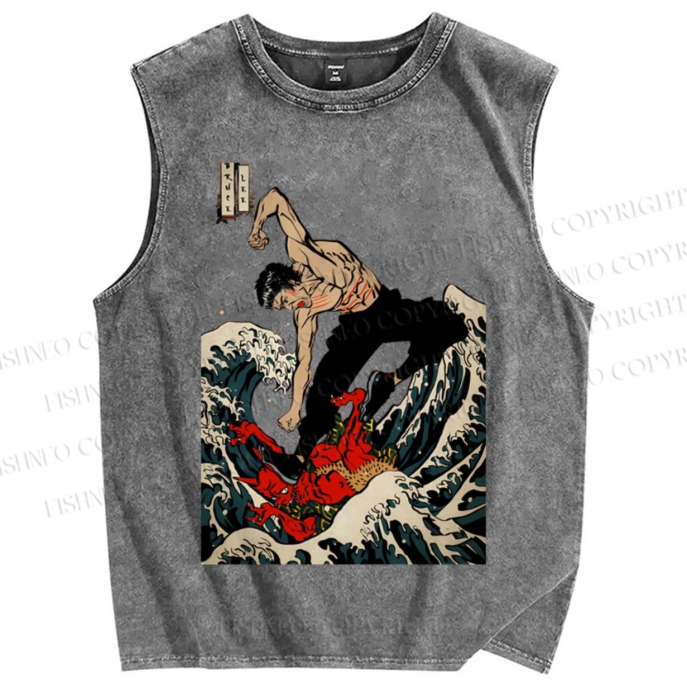 Unisex Bruce Lee In Wave Chinese Kungfu Printed Washed Tank Top