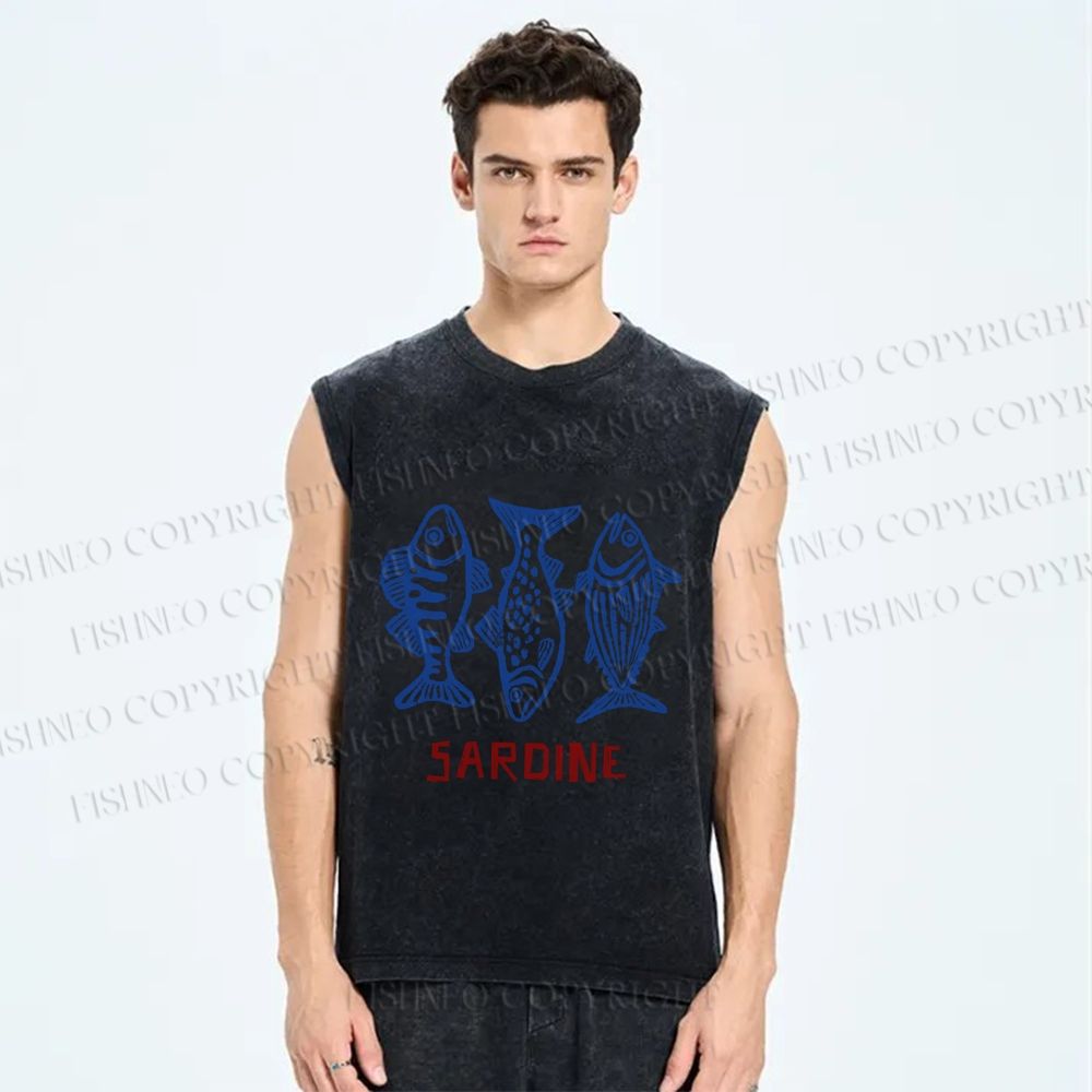 Unisex Vintage Sardine Printed Washed Tank Top