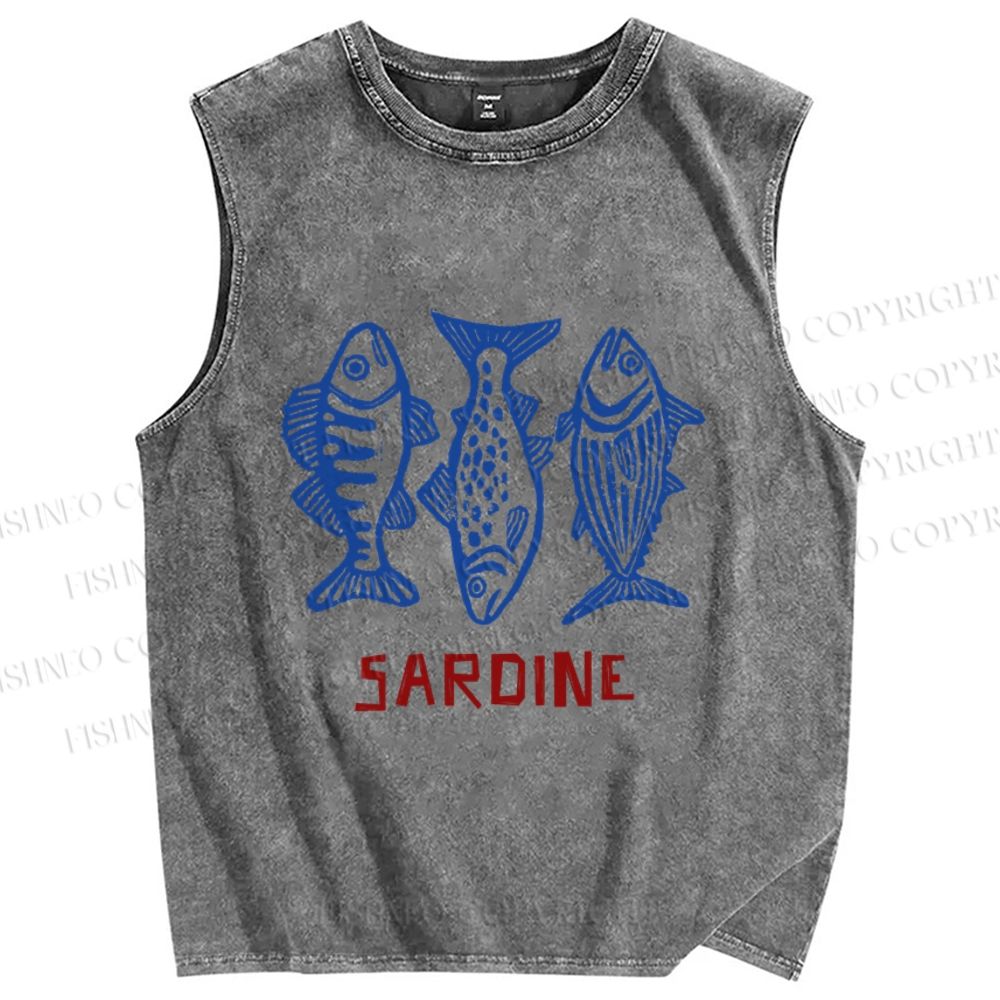 Unisex Vintage Sardine Printed Washed Tank Top