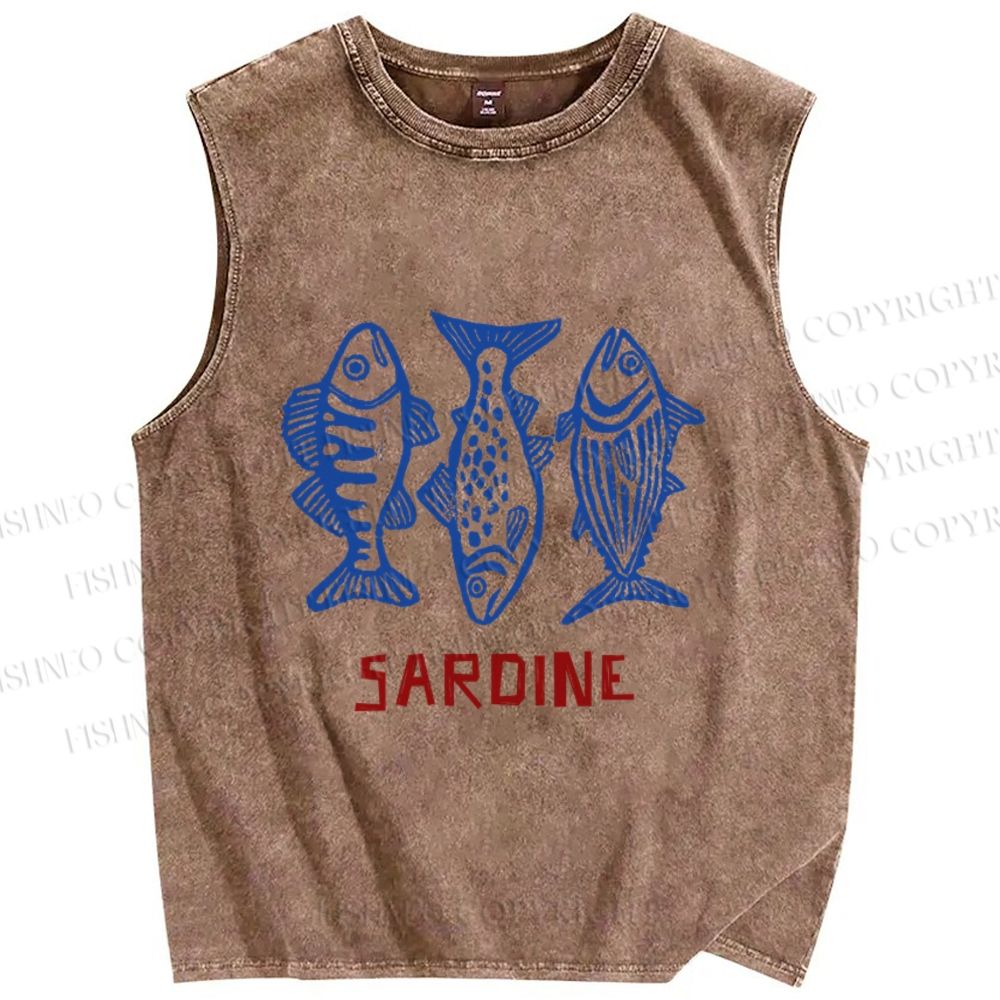 Unisex Vintage Sardine Printed Washed Tank Top