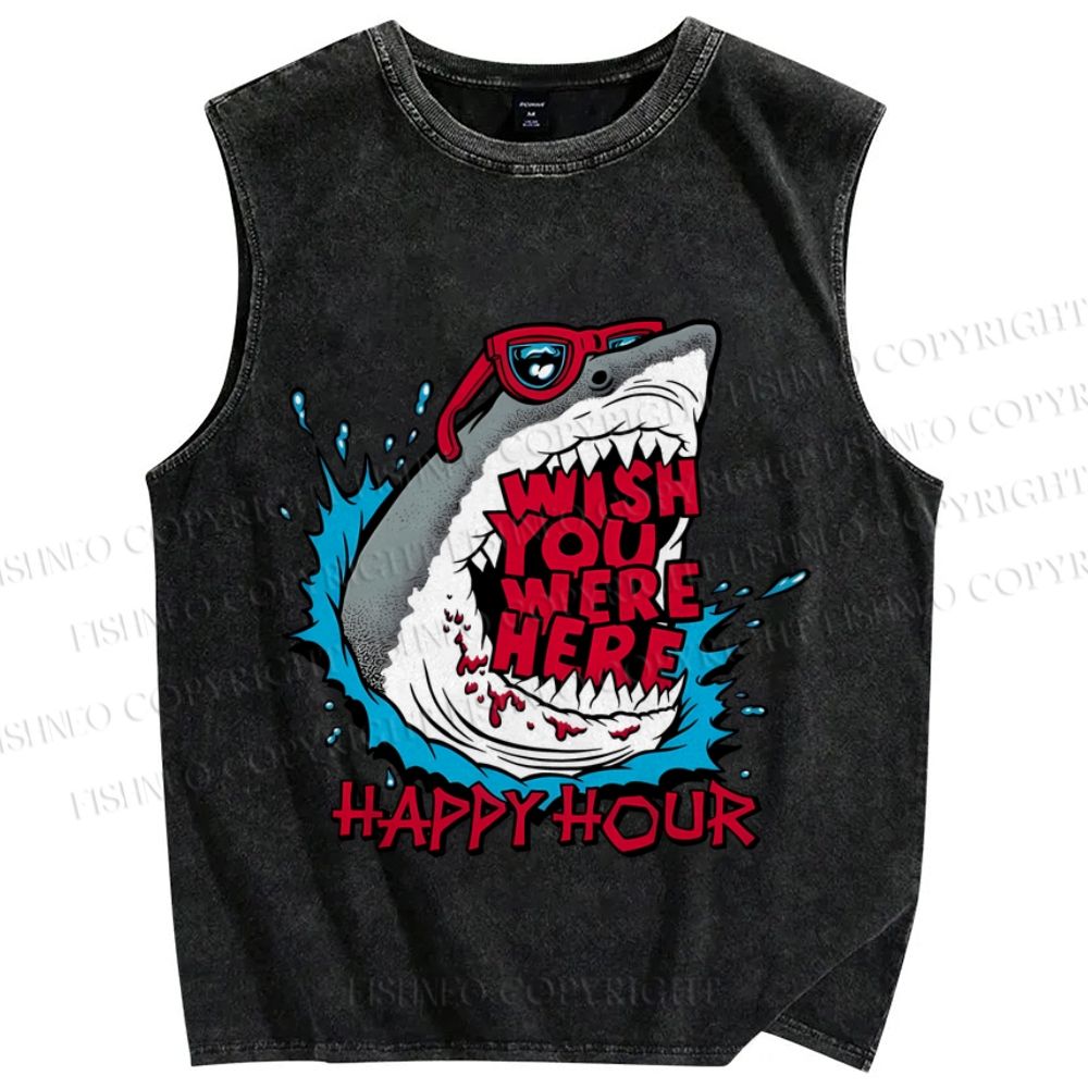 Unisex Shark Wish You Were Here Printed Washed Tank Top