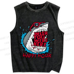 Unisex Shark Wish You Were Here Printed Washed Tank Top