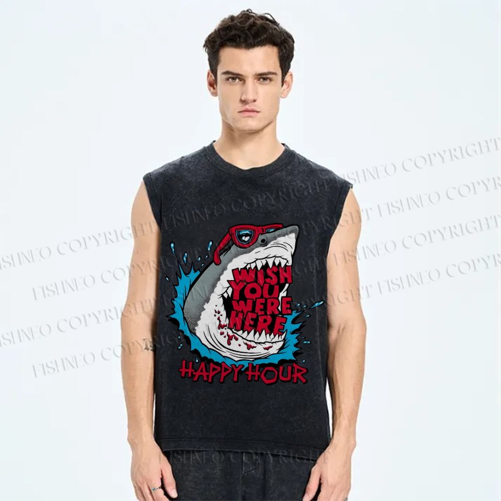 Unisex Shark Wish You Were Here Printed Washed Tank Top