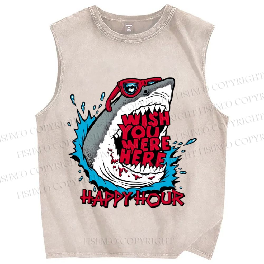 Unisex Shark Wish You Were Here Printed Washed Tank Top
