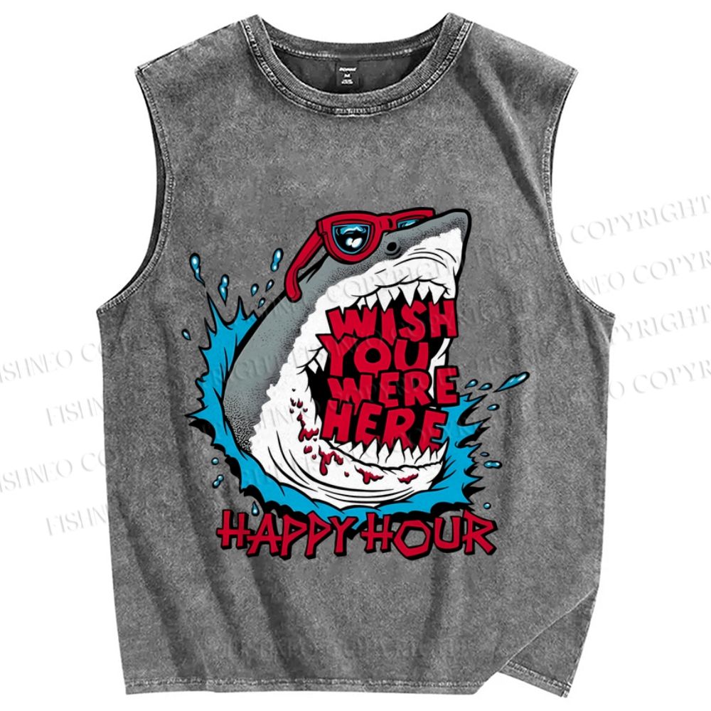 Unisex Shark Wish You Were Here Printed Washed Tank Top