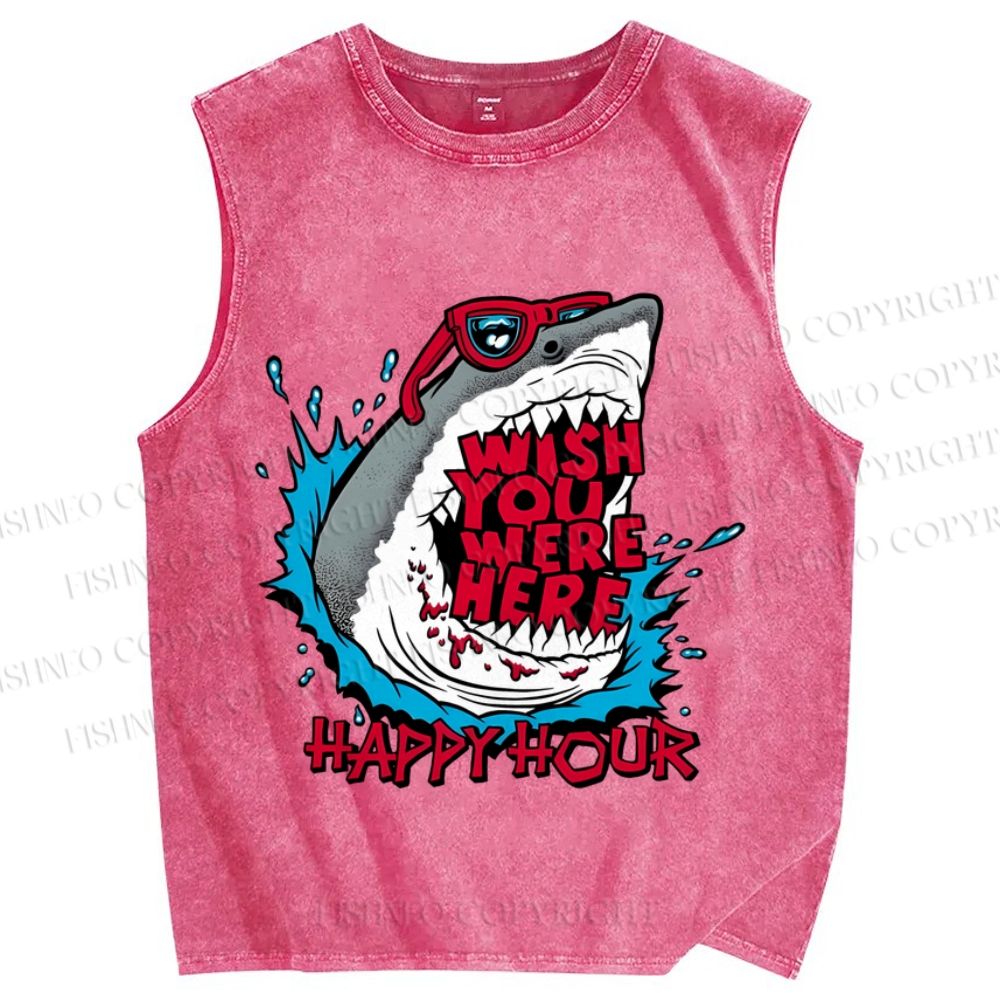 Unisex Shark Wish You Were Here Printed Washed Tank Top