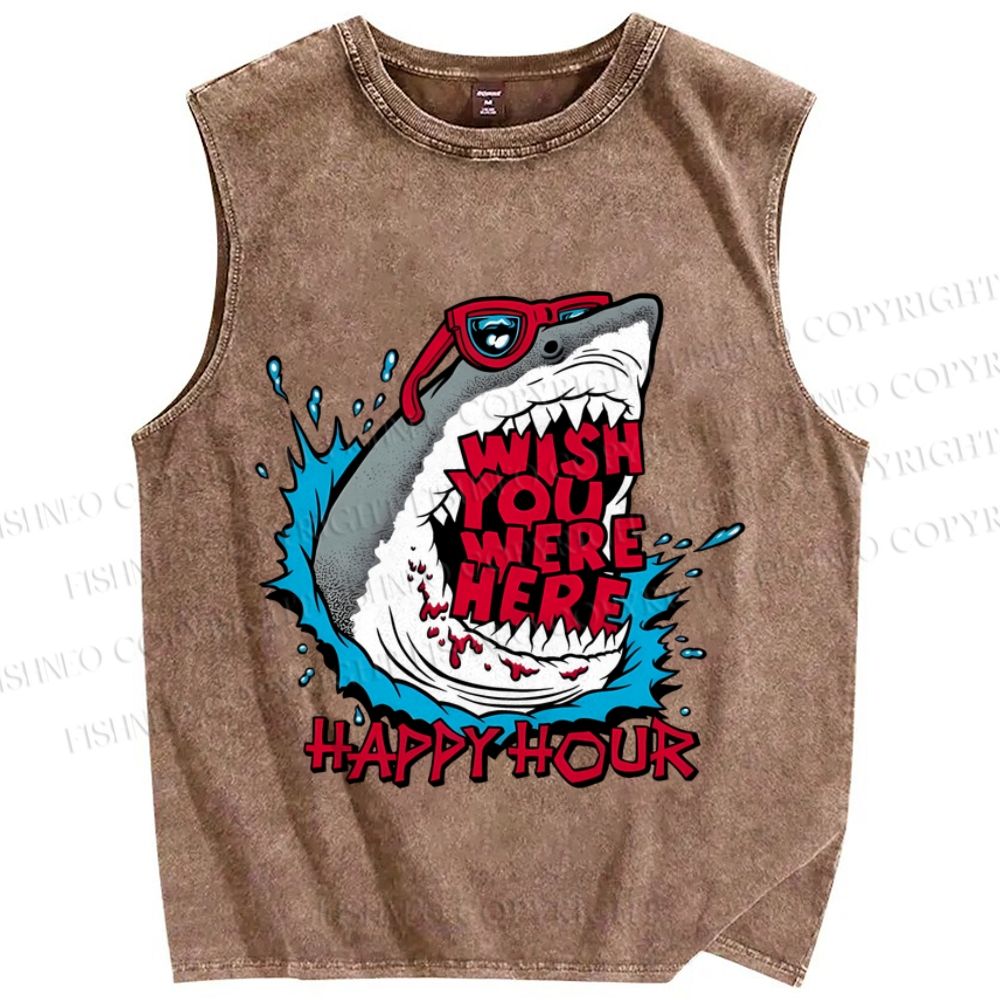 Unisex Shark Wish You Were Here Printed Washed Tank Top