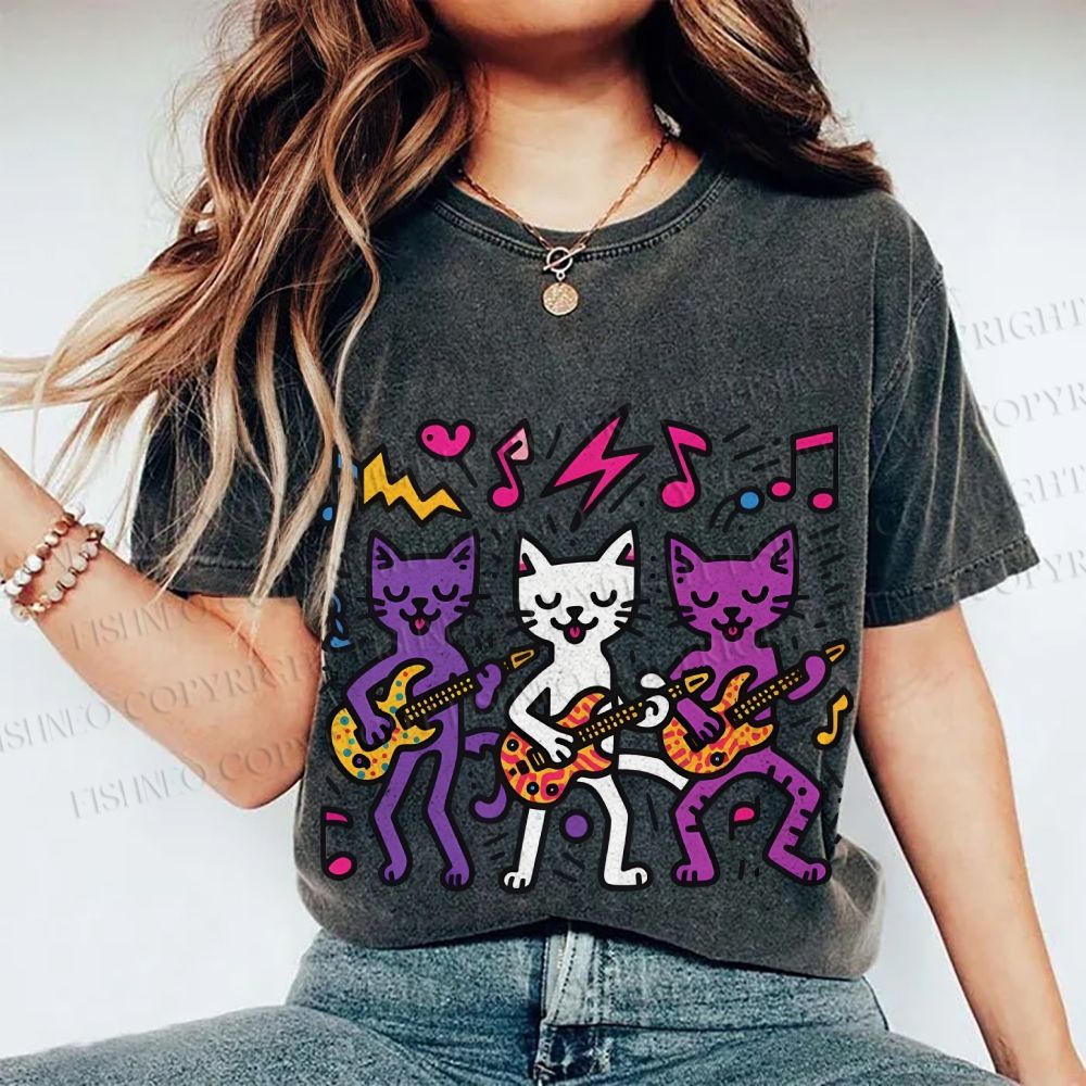 Unisex Cartoon Cat Band Printed Washed Tee