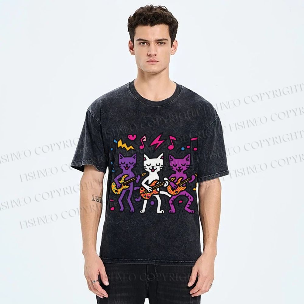 Unisex Cartoon Cat Band Printed Washed Tee