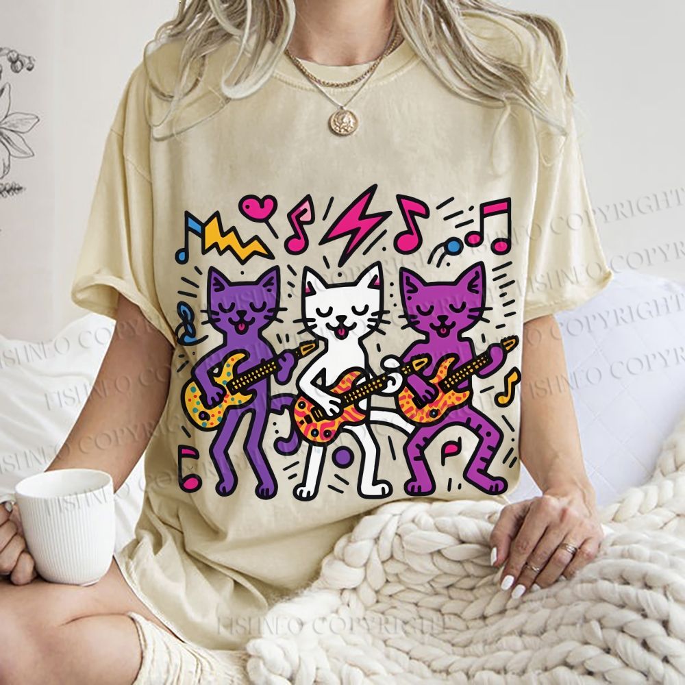 Unisex Cartoon Cat Band Printed Washed Tee