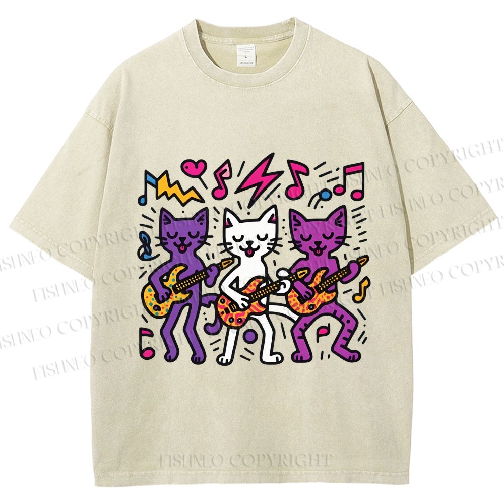 Unisex Cartoon Cat Band Printed Washed Tee