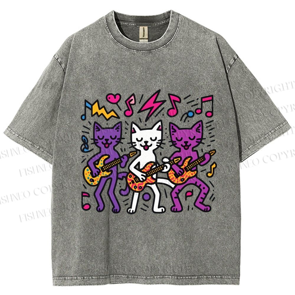 Unisex Cartoon Cat Band Printed Washed Tee