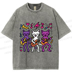 Unisex Cartoon Cat Band Printed Washed Tee