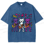 Unisex Cartoon Cat Band Printed Washed Tee