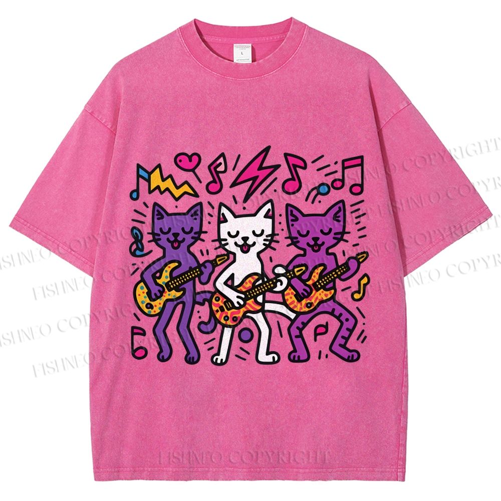 Unisex Cartoon Cat Band Printed Washed Tee