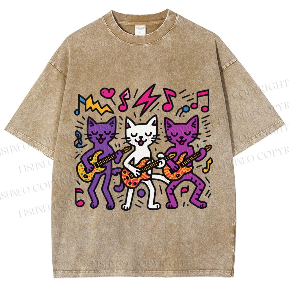 Unisex Cartoon Cat Band Printed Washed Tee