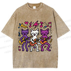 Unisex Cartoon Cat Band Printed Washed Tee