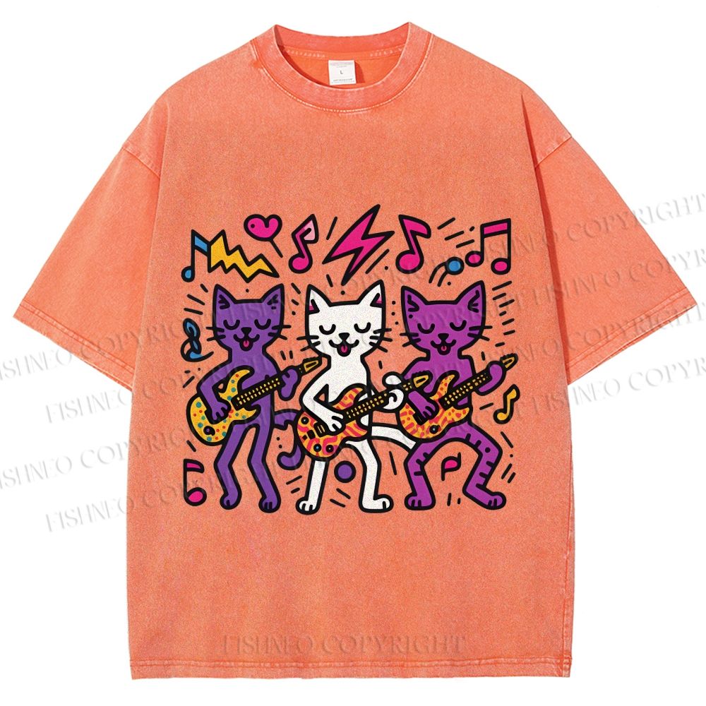 Unisex Cartoon Cat Band Printed Washed Tee