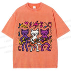 Unisex Cartoon Cat Band Printed Washed Tee