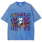 Unisex Cartoon Cat Band Printed Washed Tee