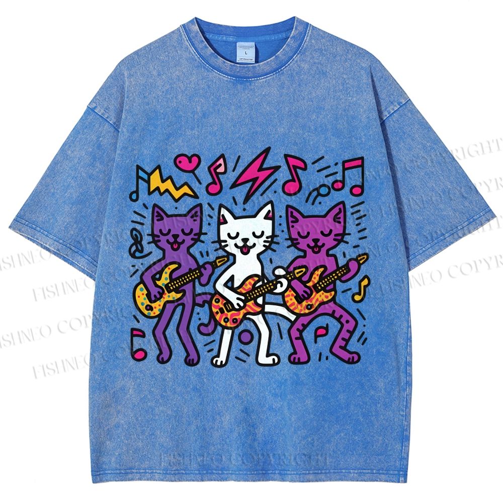 Unisex Cartoon Cat Band Printed Washed Tee