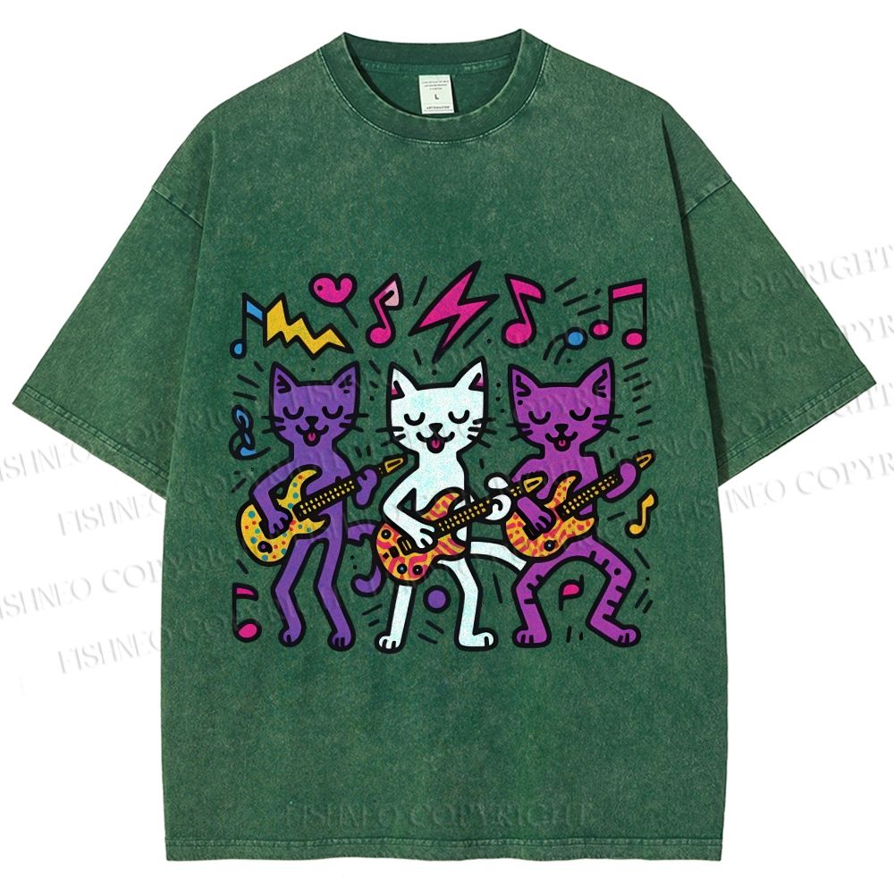 Unisex Cartoon Cat Band Printed Washed Tee