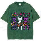 Unisex Cartoon Cat Band Printed Washed Tee