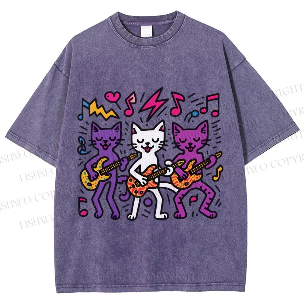 Unisex Cartoon Cat Band Printed Washed Tee