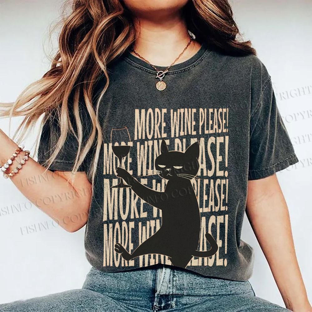 Unisex More Wine Please Drunk Cat Printed Washed Tee