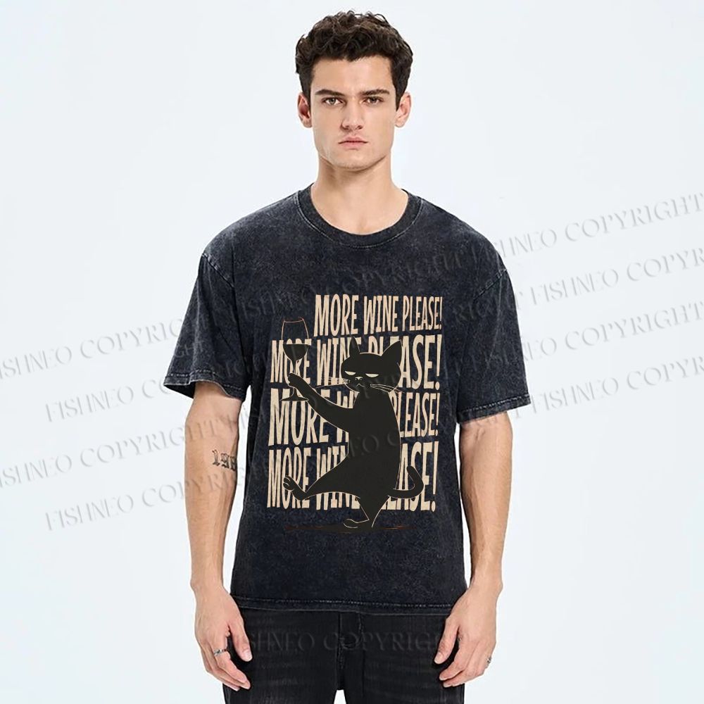 Unisex More Wine Please Drunk Cat Printed Washed Tee