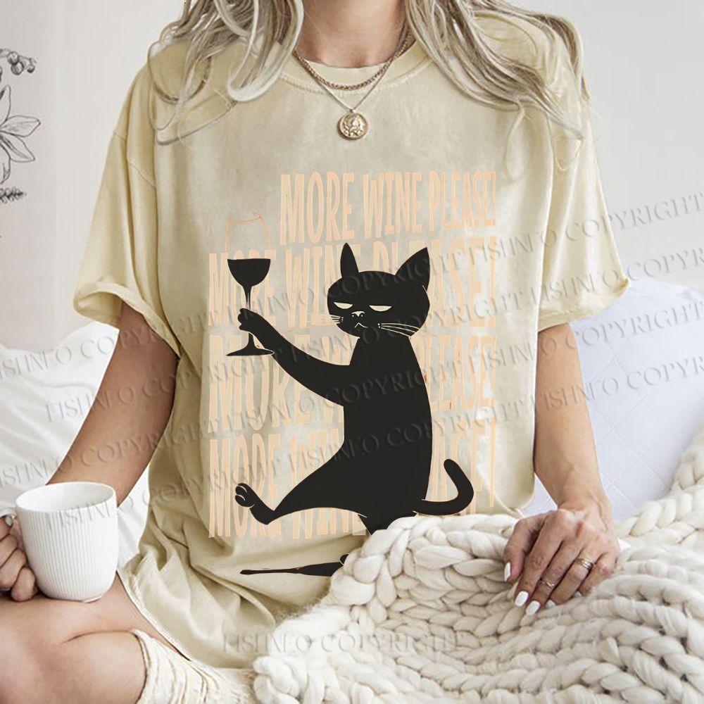 Unisex More Wine Please Drunk Cat Printed Washed Tee