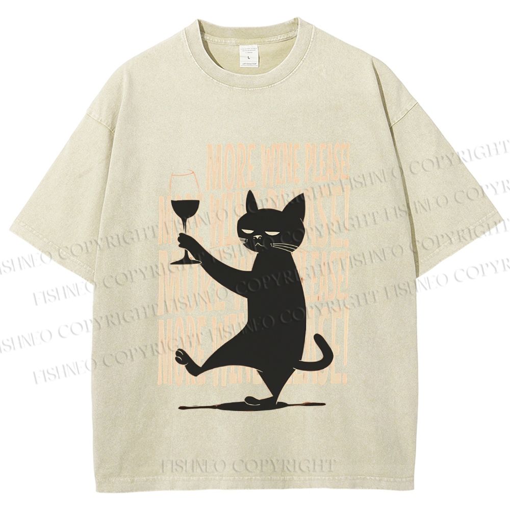 Unisex More Wine Please Drunk Cat Printed Washed Tee