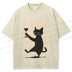 Unisex More Wine Please Drunk Cat Printed Washed Tee