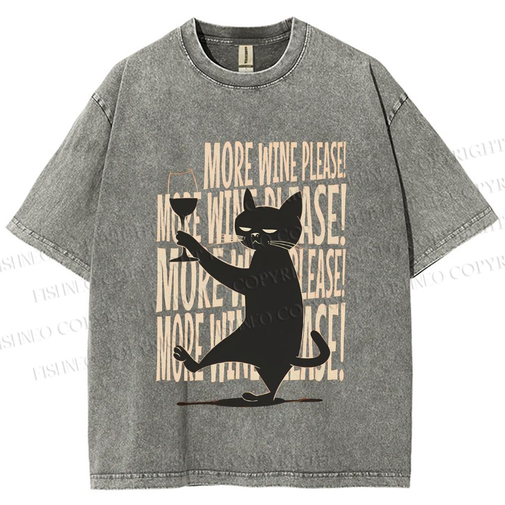 Unisex More Wine Please Drunk Cat Printed Washed Tee