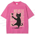 Unisex More Wine Please Drunk Cat Printed Washed Tee