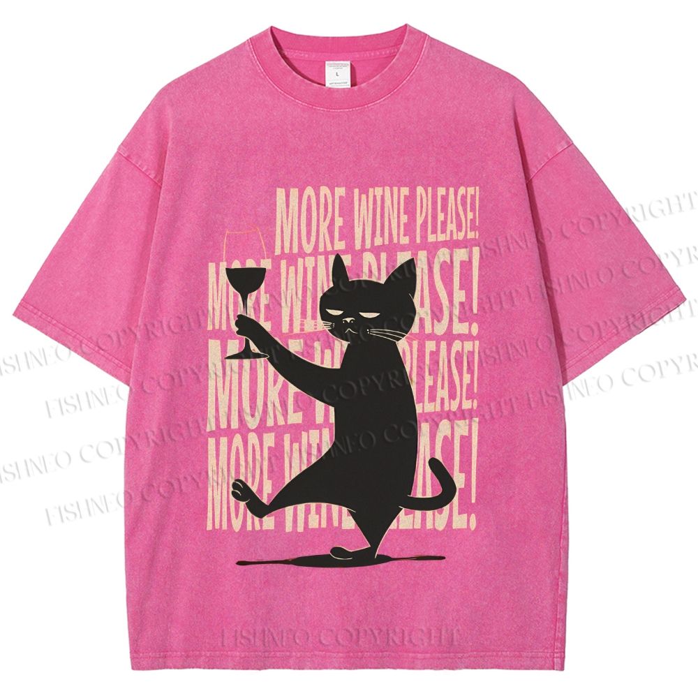 Unisex More Wine Please Drunk Cat Printed Washed Tee