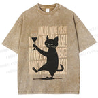 Unisex More Wine Please Drunk Cat Printed Washed Tee