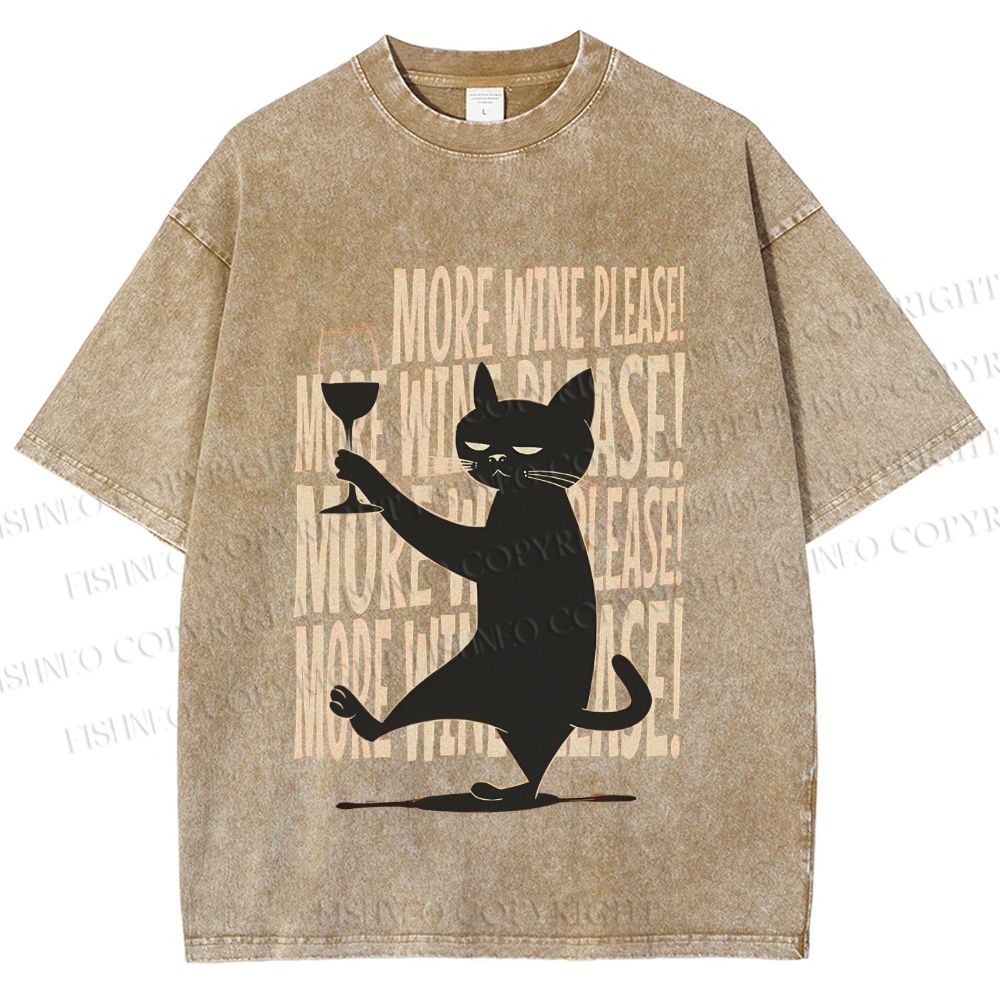 Unisex More Wine Please Drunk Cat Printed Washed Tee