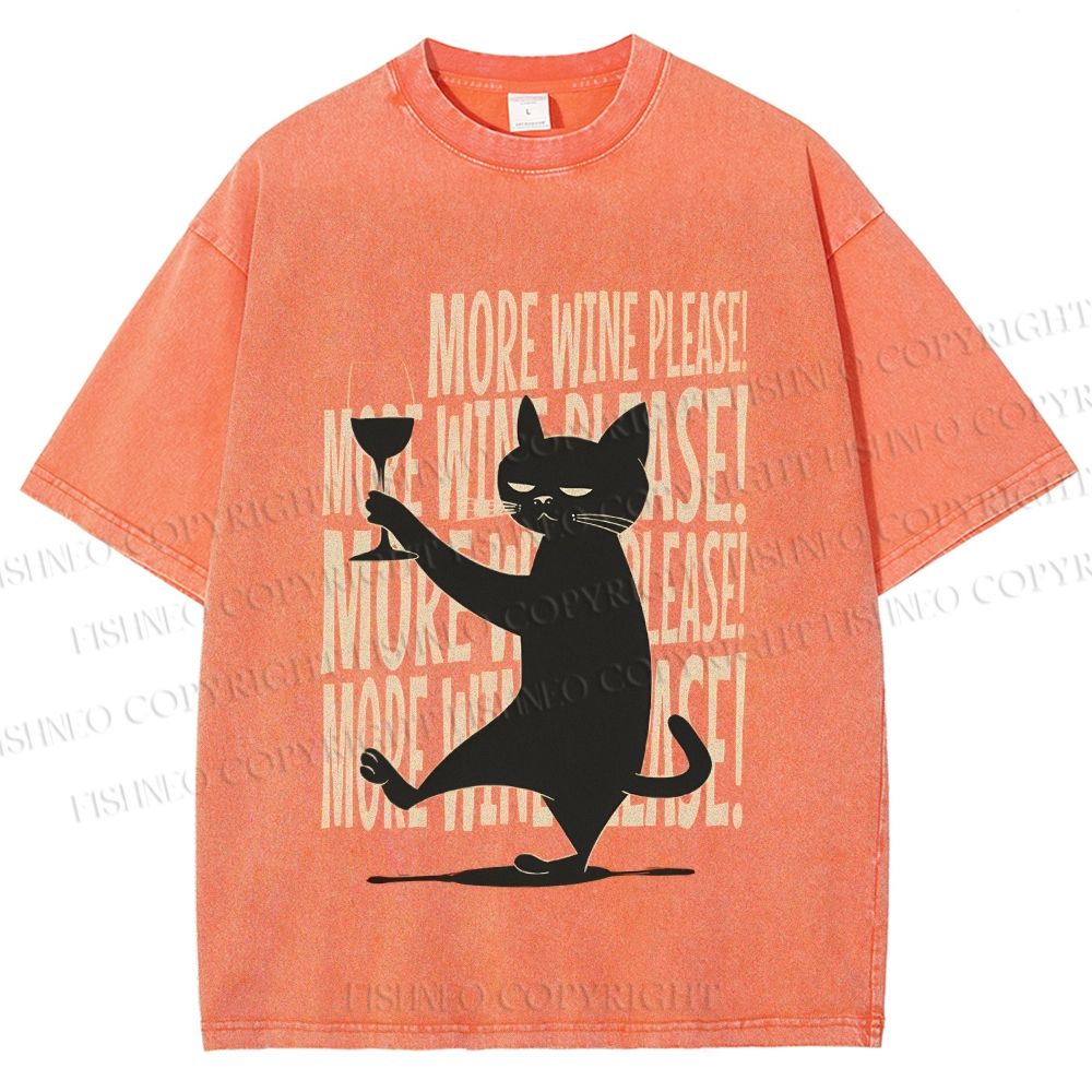 Unisex More Wine Please Drunk Cat Printed Washed Tee