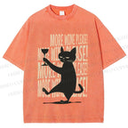 Unisex More Wine Please Drunk Cat Printed Washed Tee