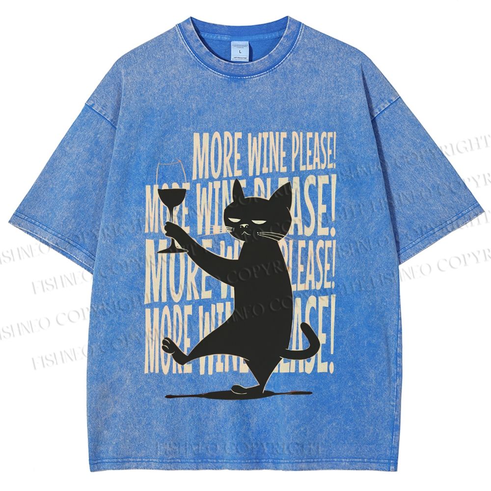 Unisex More Wine Please Drunk Cat Printed Washed Tee
