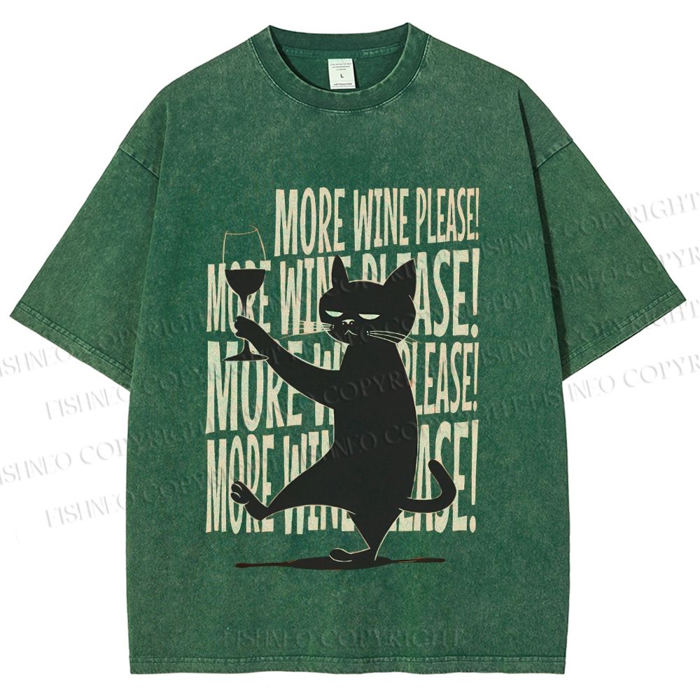 Unisex More Wine Please Drunk Cat Printed Washed Tee