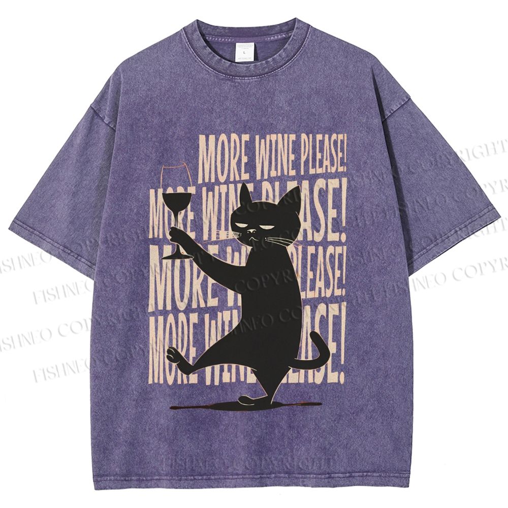 Unisex More Wine Please Drunk Cat Printed Washed Tee
