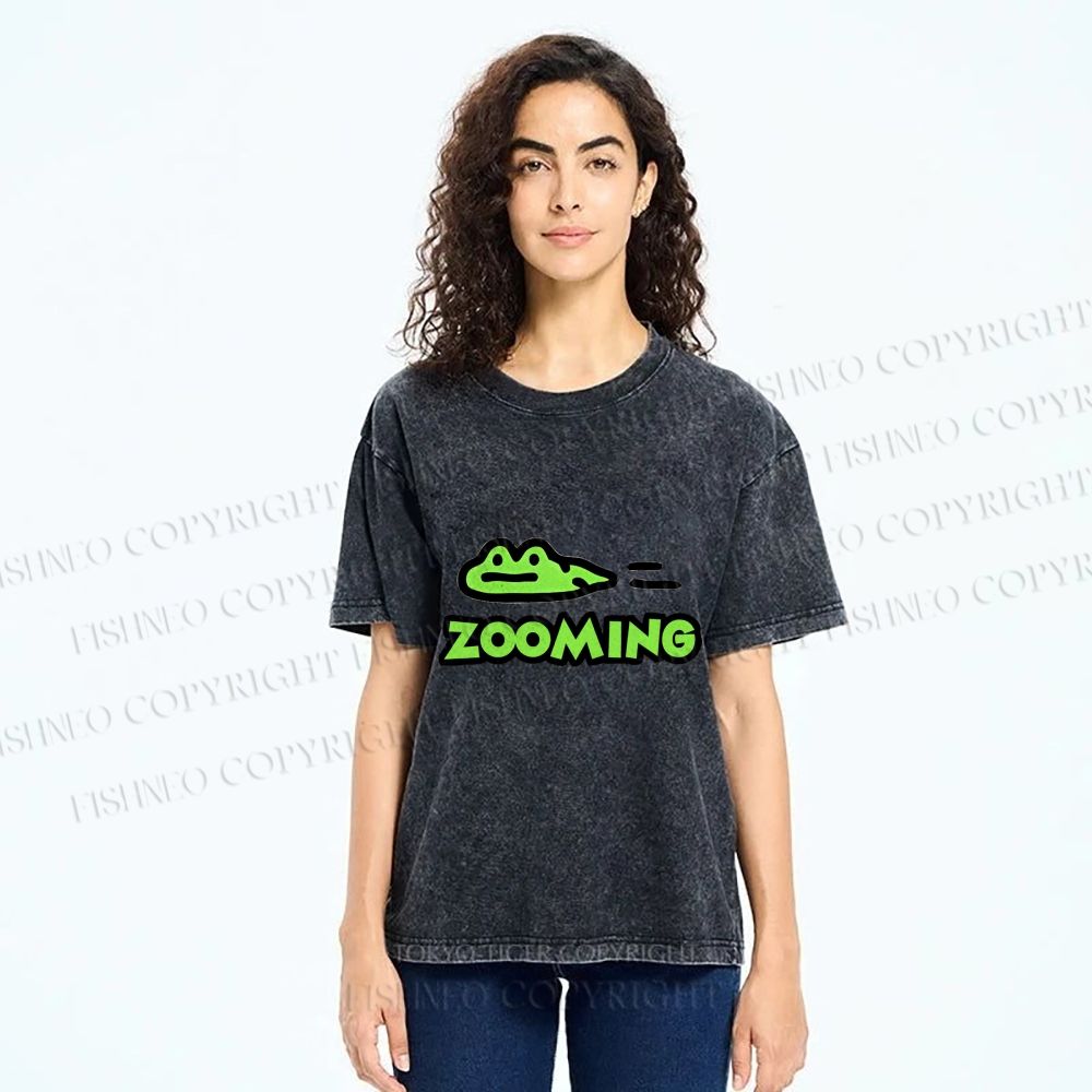 Unisex Cartoon Frog Zooming Printed Washed Tee