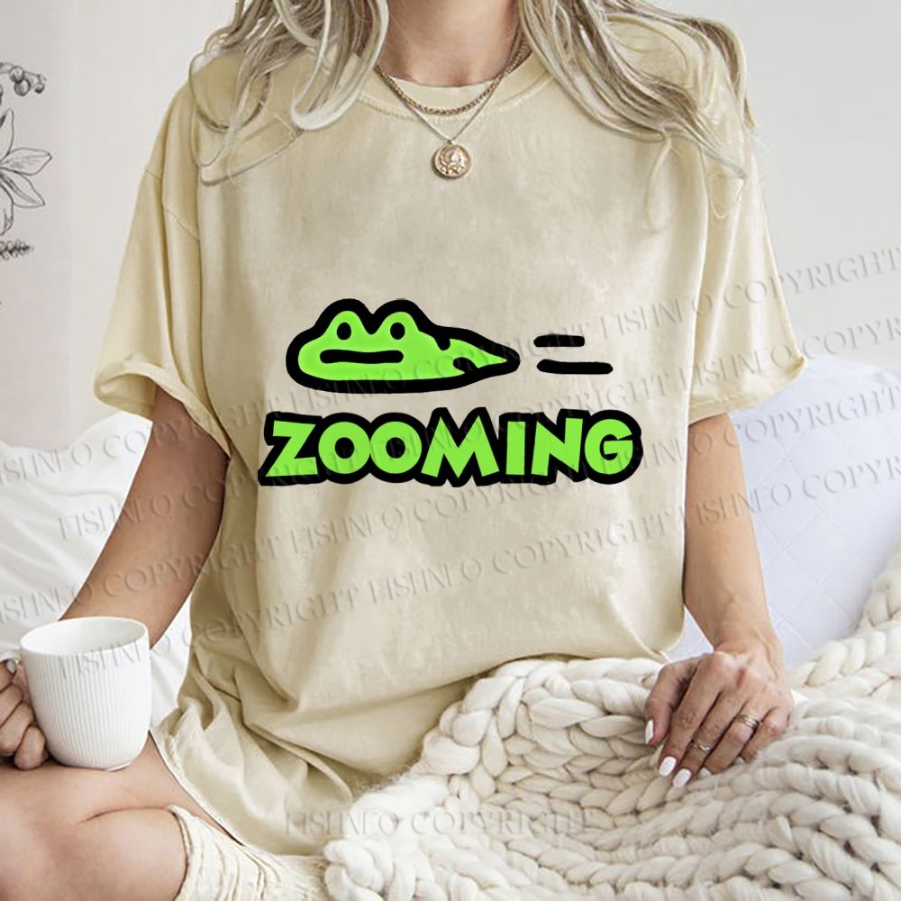 Unisex Cartoon Frog Zooming Printed Washed Tee